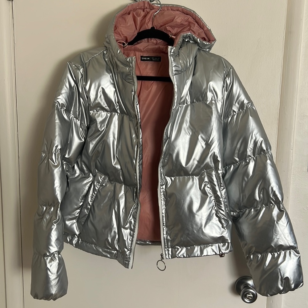 Silver puffer jacket, pink lining size small
